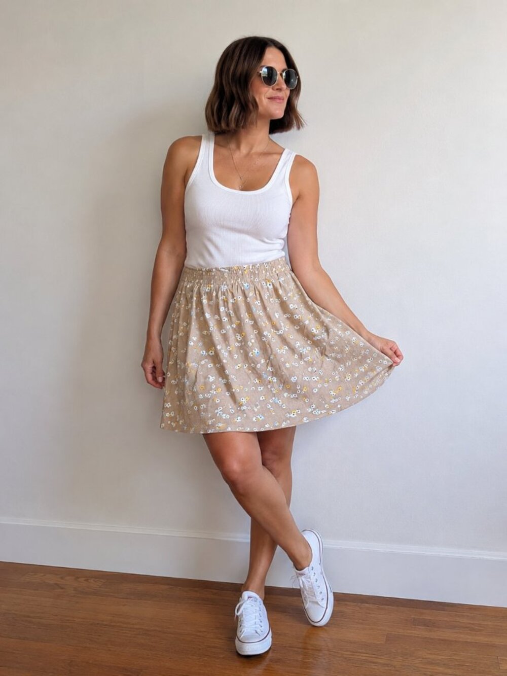 Ichi Floral Elastic-Waist Mini Skirt - Beige with White & Yellow Flowers Large
